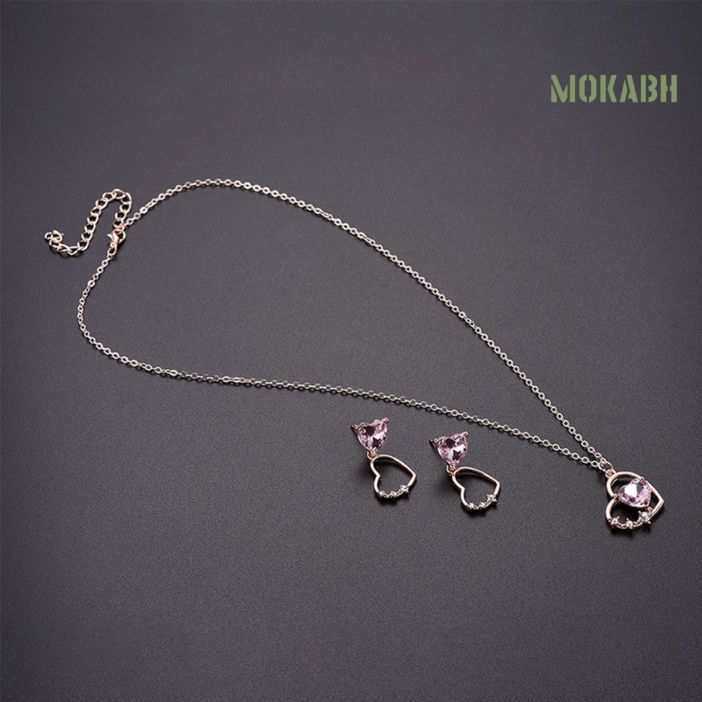 Bộ Vòng cổ + Bông Tai Hình Trái Tim Rỗng Đính Đá Cho Nữ