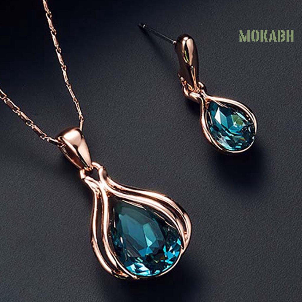 Bộ Vòng cổ + Bông Tai Đính Đá Zircon Hình Giọt Nước Cho Nữ