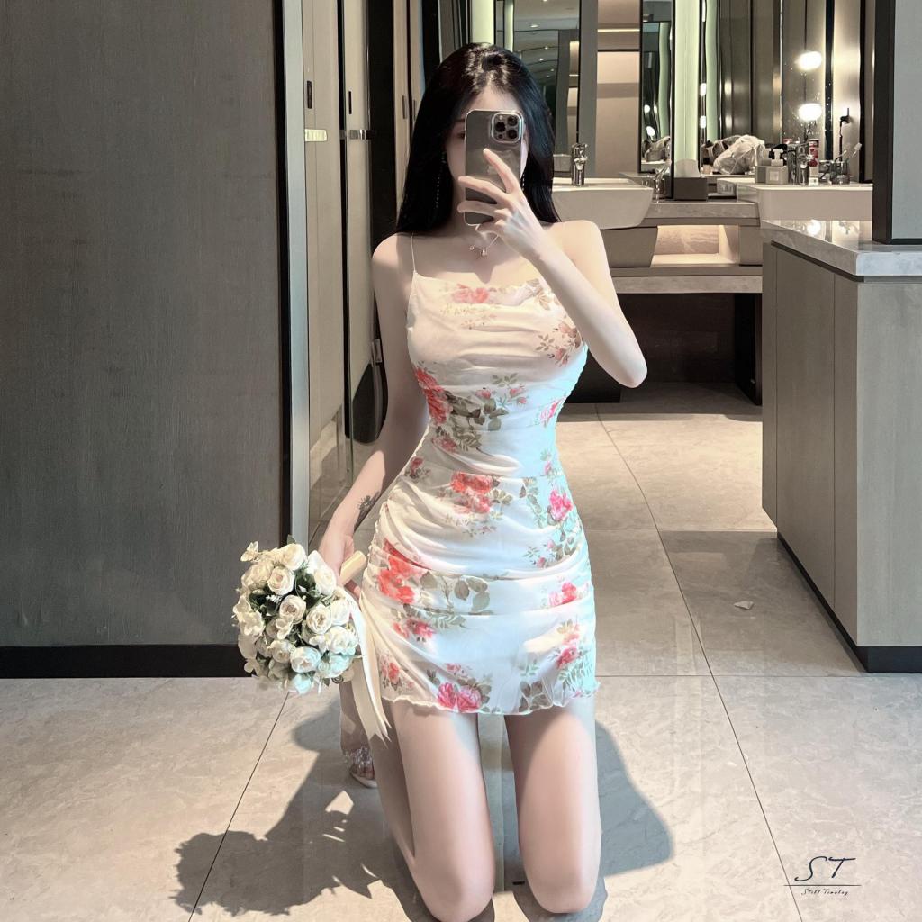 Đầm Hai Dây CY03 In Hoa Phối Lưới Phong Cách Cổ Điển Thời Trang Cho Nữ