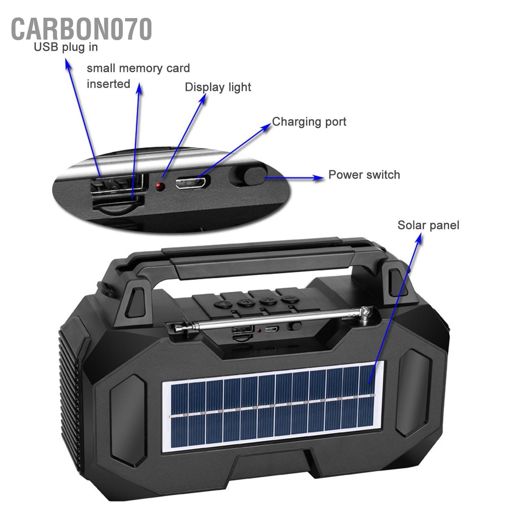 Carbon070 Loa Bluetooth năng lượng mặt trời di động Đài FM có giá đỡ điện thoại Đầu đọc thẻ lưu trữ siêu nhỏ cho du lịch ngoài