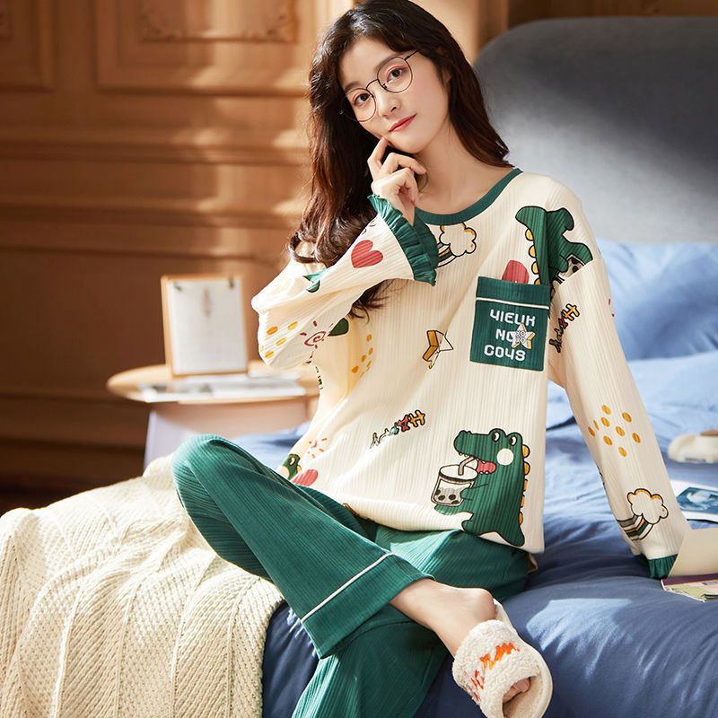 Bộ Đồ Ngủ Tay Dài Chất Cotton Phong Cách Hàn Quốc Thời Trang Thu Đông Mới Cho Nữ