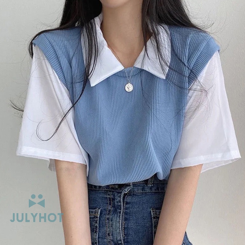 Mùa Hè Mát Mẻ Giả Hai Mảnh Ngắn Tay Áo T-Shirt Preppy Phong Cách Phụ Nữ Ve Áo Lỏng Lẻo Giản Dị T-Shirt VN