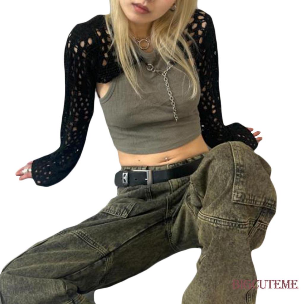 [] - Áo Crop Top Dệt Kim Tay Dài Màu Trơn Khoét Lỗ Phối Dây Xích Thời Trang Dự Tiệc Hàng Ngày Cho Nữ