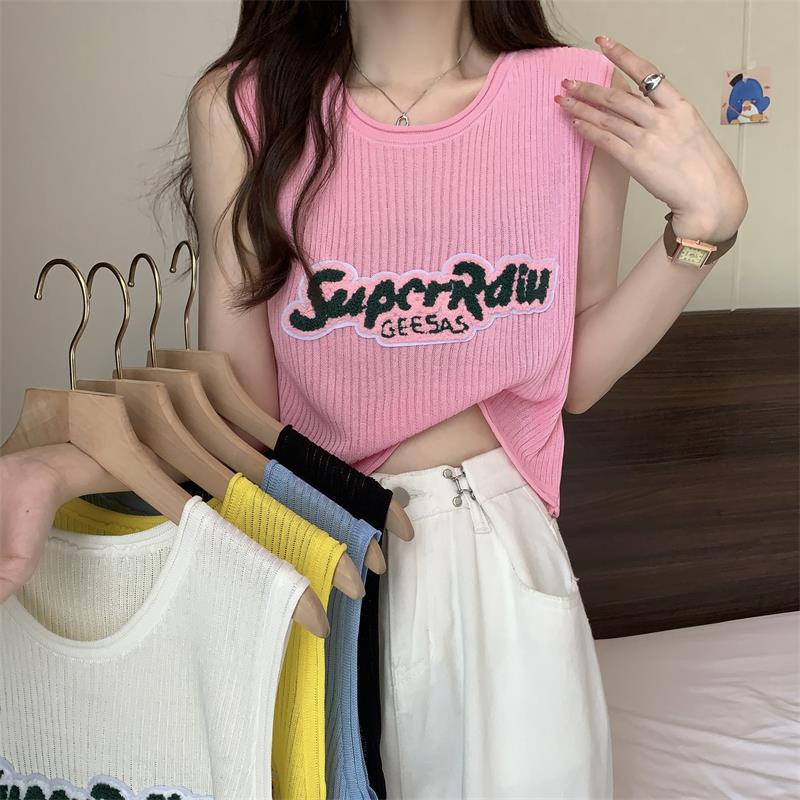 Áo Dệt Kim Sát Nách Dáng Rộng Cổ Tròn In Chữ Phong Cách Retro Mỹ Thời Trang Mùa Hè Cho Nữ