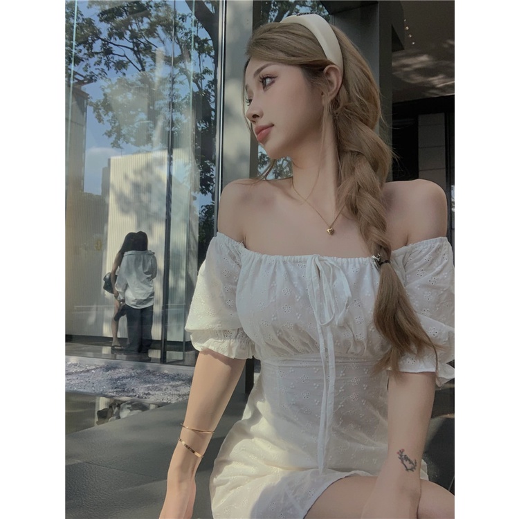 「Nonfatgirl」Pure Desire White Moonlight Zhao Lusi Đầm Trắng Ngắn Tay Trễ Vai Một Mảnh Màu Trắng Phong Cách Tình Yêu Đầu Tiên Cho Nữ