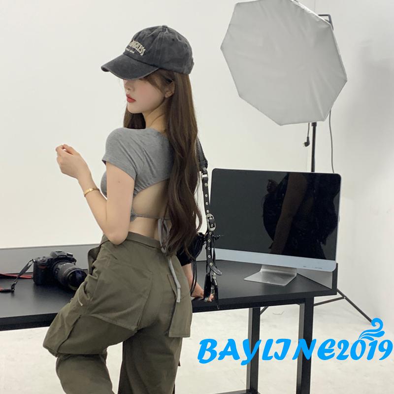 Áo Croptop Ngắn Tay Hở Lưng Màu Sắc Trơn Cột Dây Thời Trang Mùa Hè Cho Nữ