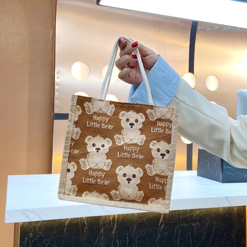 Túi Vải Lanh Cotton Sức Chứa Lớn In Họa Tiết Hoạt Hình Chú Gấu Đáng Yêu Có Tay Cầm Tiện Dụng