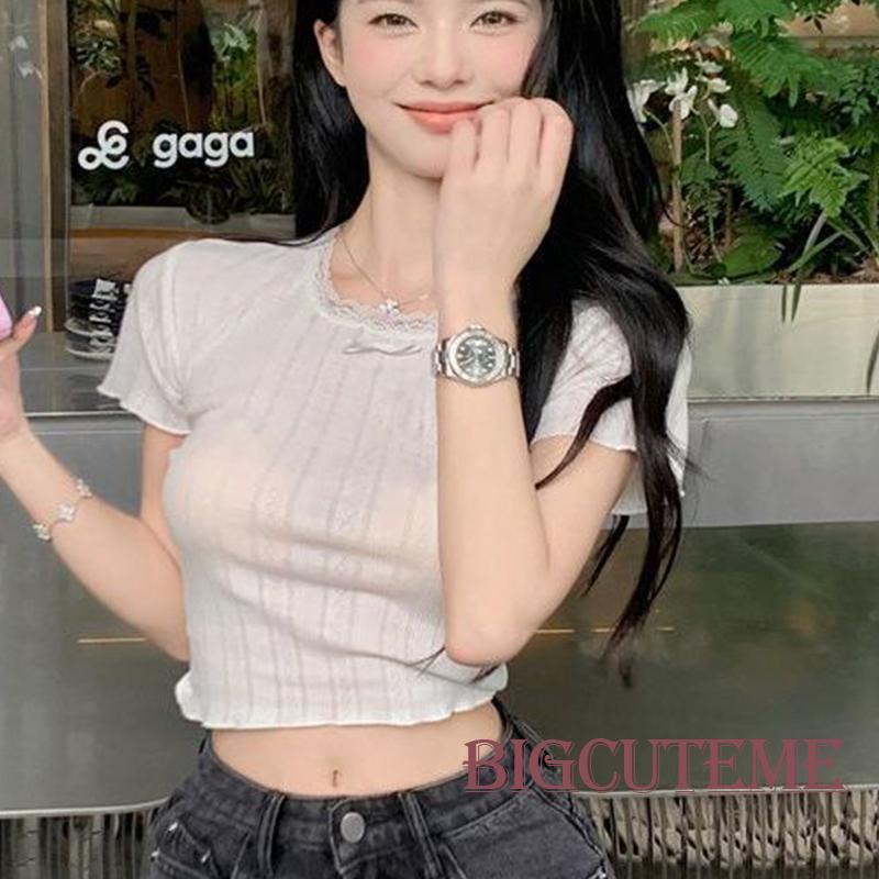 Áo Thun Crop Top Tay Ngắn Phối Ren Dễ Thương Thời Trang Mùa Hè Cho Nữ