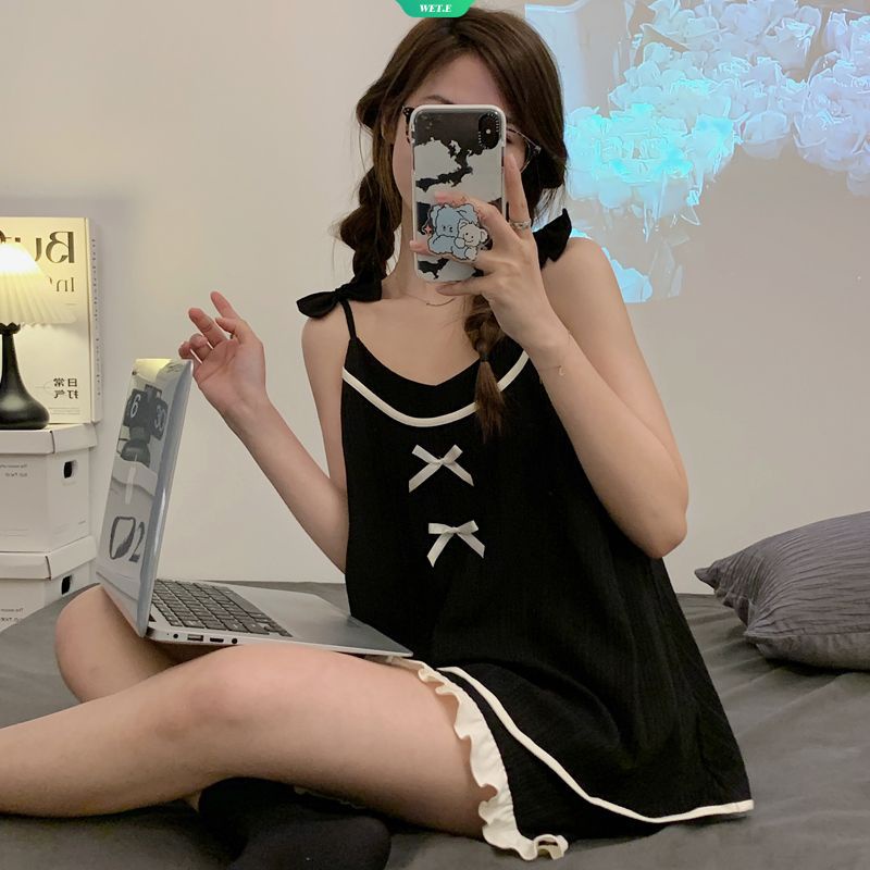 Bộ Đồ Ngủ Ngắn Hai Dây Thắt Nơ Màu Đen Kiểu Công Chúa Dễ Thương Thời Trang Mùa Hè Dành Cho Bạn Nữ Mặc Tại Nhà