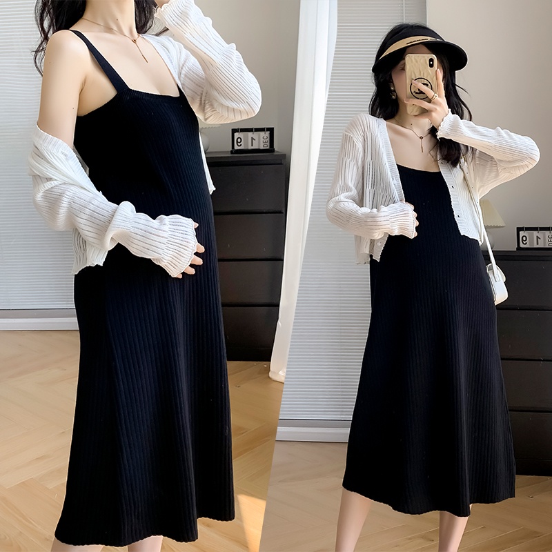 Set Áo Thun Tay Dài + Váy Hai Dây Dệt Kim Thời Trang Mùa Hè 2023 Cho Mẹ Bầu