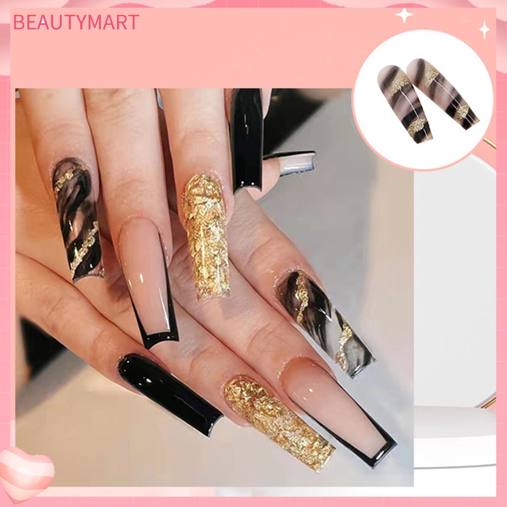 Hộp 24 Móng Tay Giả Bằng ABS Màu Vàng Đen Lấp Lánh Trang Trí Móng Nghệ Thuật Chuyên Nghiệp