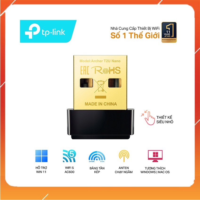 Card Mạng không dây USB TP-Link Archer T2U Nano Wireless AC600 cho khả năng kết nối linh hoạt