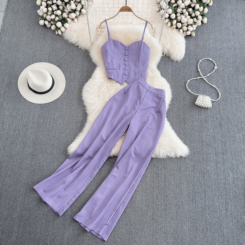 Set Áo Hai Dây + Quần Dài Lưng Cao Kẻ Sọc Thời Trang Cho Nữ