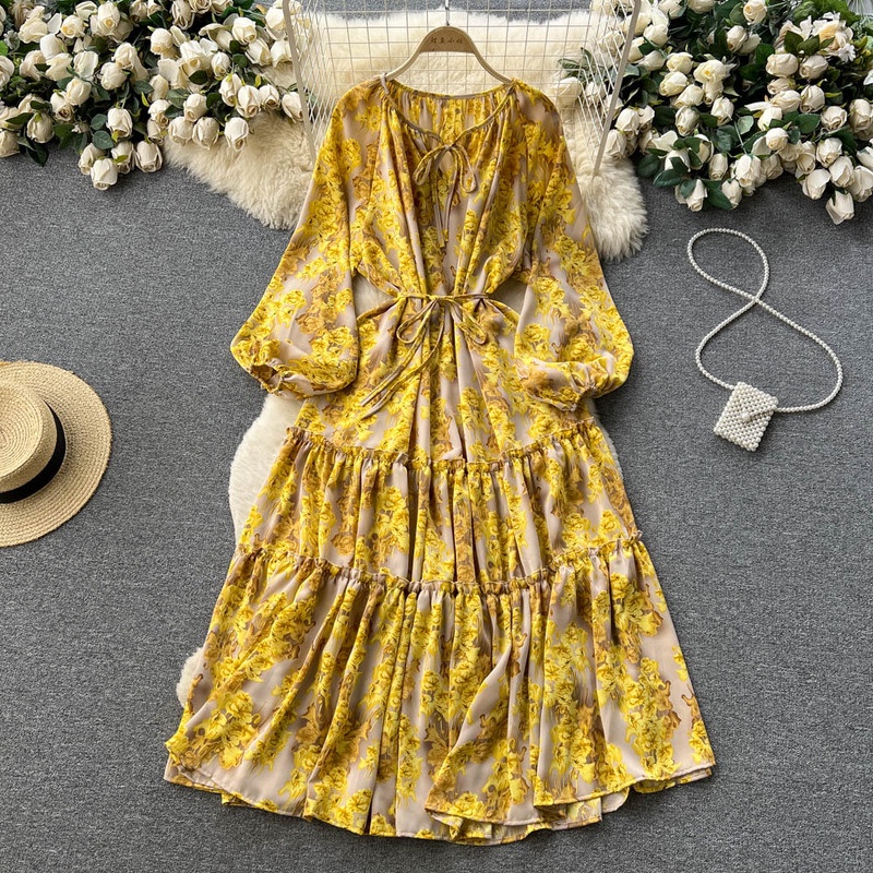Đầm Tay Dài Cổ Tròn Nhấn Eo In Họa Tiết Phong Cách Pháp Cổ Điển Thời Trang Cho Nữ