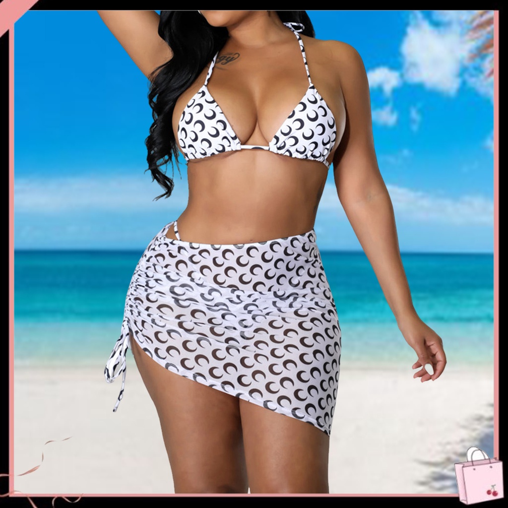 Bộ 3 Món Đồ Bơi Bikini Gồm Áo Hai Dây Và Chân Váy Lưng Cao In Họa Tiết Mặt Trăng Có Thể Điều Chỉnh Cho Nữ
