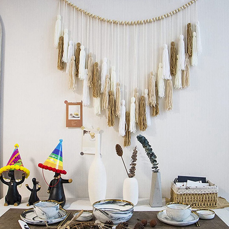 1 Thảm Dệt Macrame Lớn Màu Trắng / Be / Khaki / Xanh Dương Đính Hạt Gỗ Treo Tường Trang Trí Phong Cách Boho