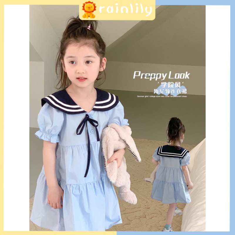 Đầm Công Chúa Mùa Hè 2023 Tay Cộc Cổ Thủy Thủ Phong Cách Preppy Hợp Thời Trang Cho Bé Gái