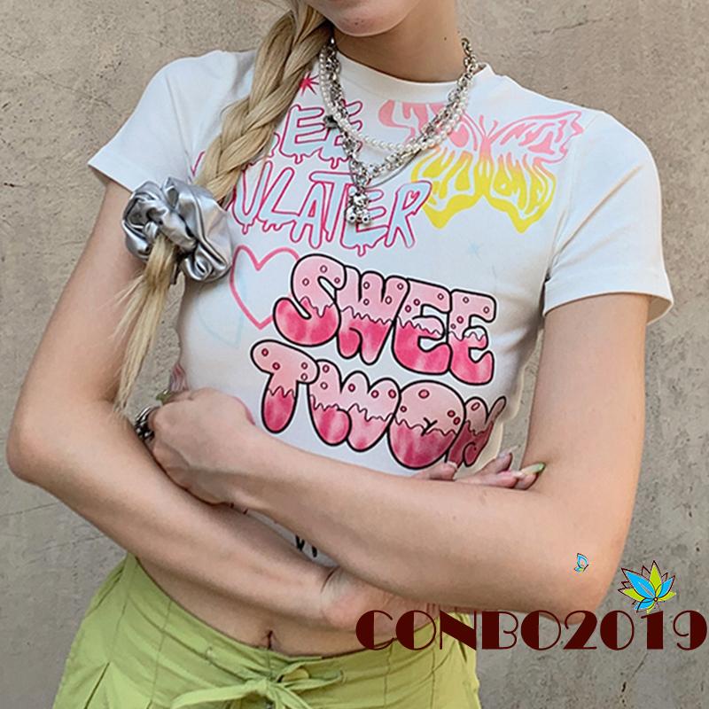 Áo Thun Crop Top Tay Ngắn Cổ Tròn In Họa Tiết Hoạt Hình Thời Trang Xuân Hè Cho Nữ