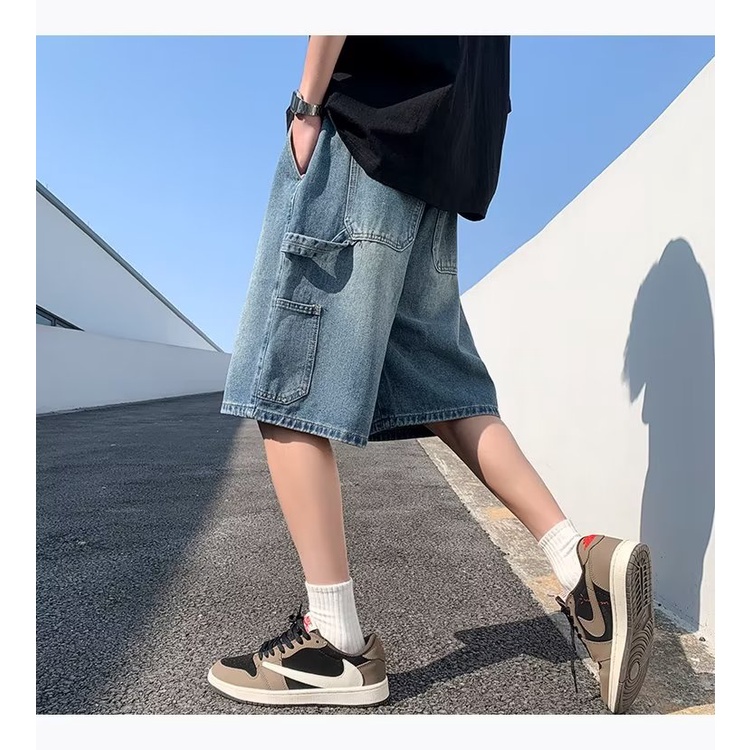 Quần Short Denim Lưng Thun Ống Rộng Phong Cách Đường Phố Mỹ Thời Trang Mùa Hè Cho Nam