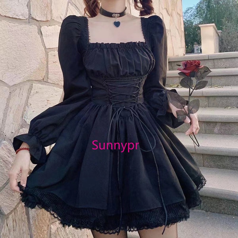 Đầm Lolita Tay Dài Eo Cao Màu Đen Có Dây Cột Dành Cho Nữ