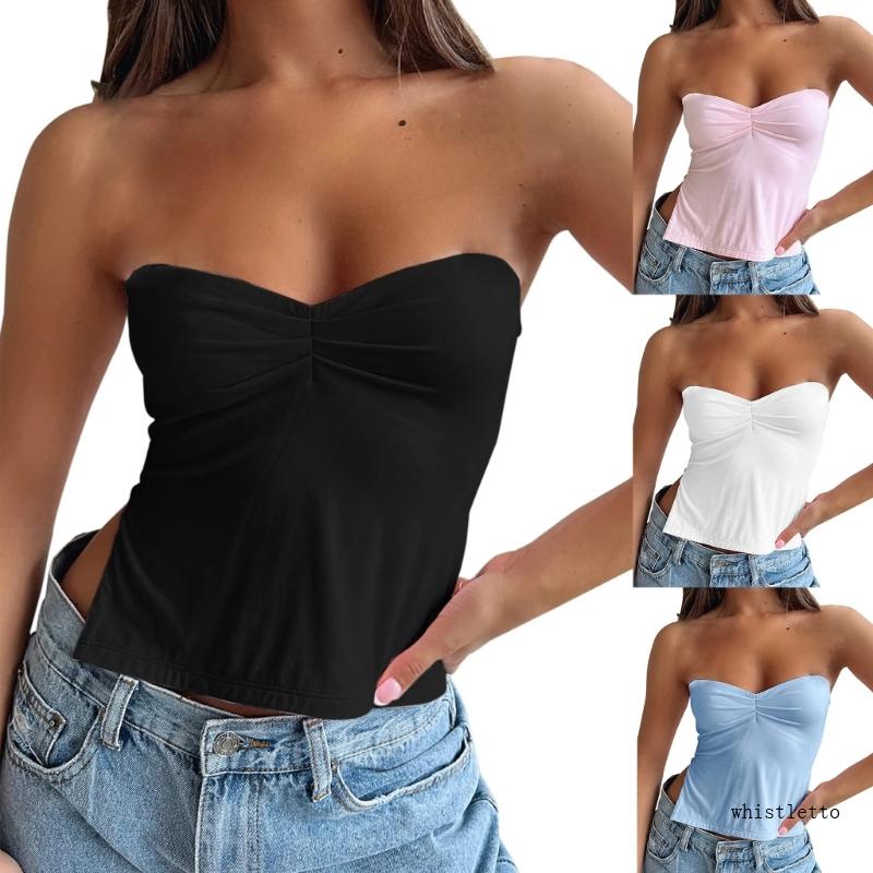 Whi Áo Ống Không Dây Xẻ Tà Ngực Bằng Silicone Không Trượt Dáng Ôm Thời Trang Mùa Hè Dành Cho Bạn Nữ