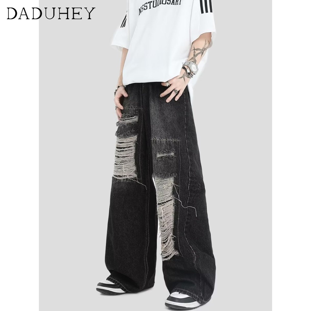 Quần jean DaDuHey lưng cao ống rộng phối rách thời trang cá tính cho nữ
