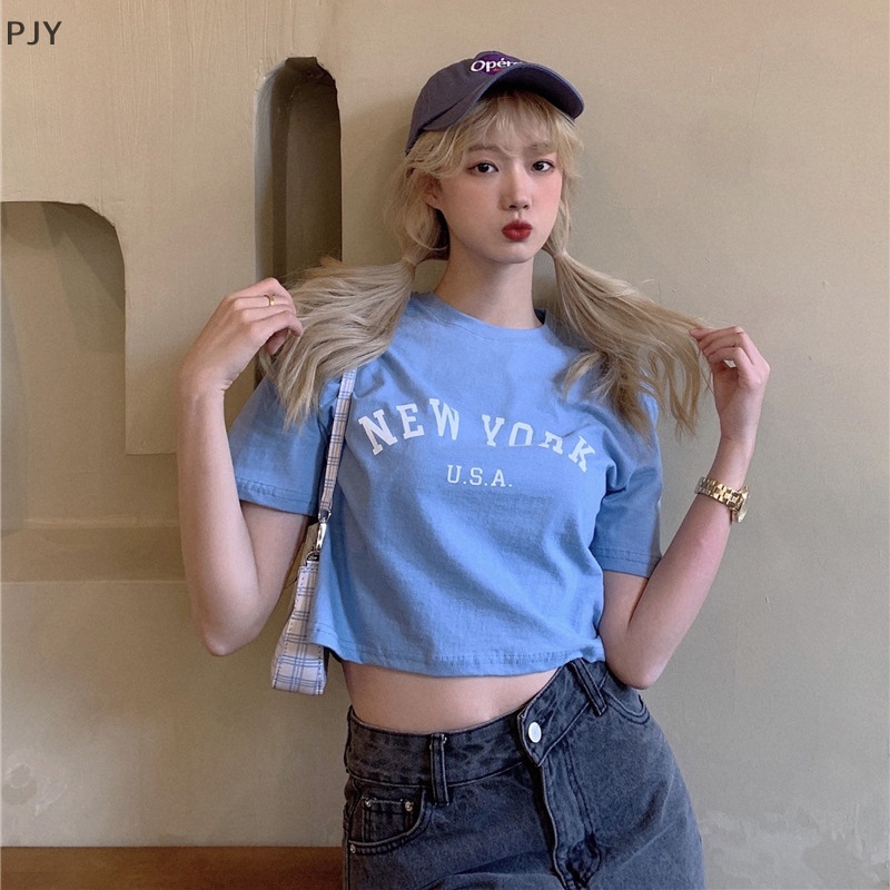 Áo Thun Crop Top Tay Ngắn Cổ Tròn Dáng Rộng In Chữ Thời Trang Mùa Hè Cho Nữ PJ