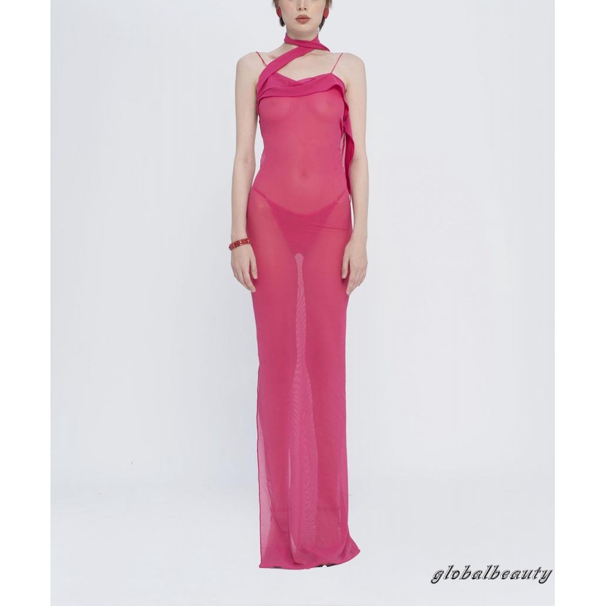 Đầm Hai Dây Dáng Ôm Dài Màu Trơn Nhìn Xuyên Thấu Gợi Cảm Cho Nữ