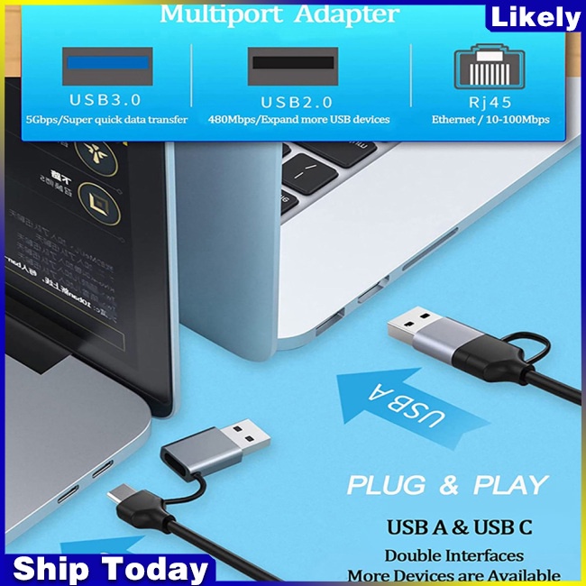 Bộ Chia Cổng Mạng LAN 4 Trong 1 100 / 1000Mbps USB 3.0 Type-C Sang RJ45 Cho Máy Tính Laptop