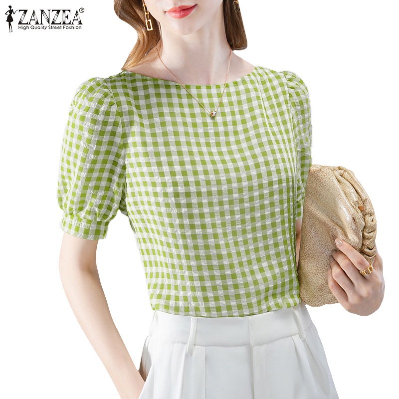 Zanzea Áo Sơ Mi Tay Ngắn Cổ Chữ O Họa Tiết Caro Phong Cách Bohemian Thời Trang Cho Nữ