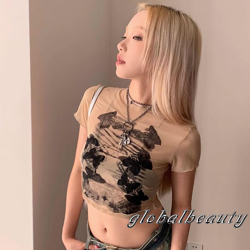 Áo Thun Tay Ngắn Cổ Tròn Xuyên Thấu In Họa Tiết Bươm Bướm Dành Cho Nữ