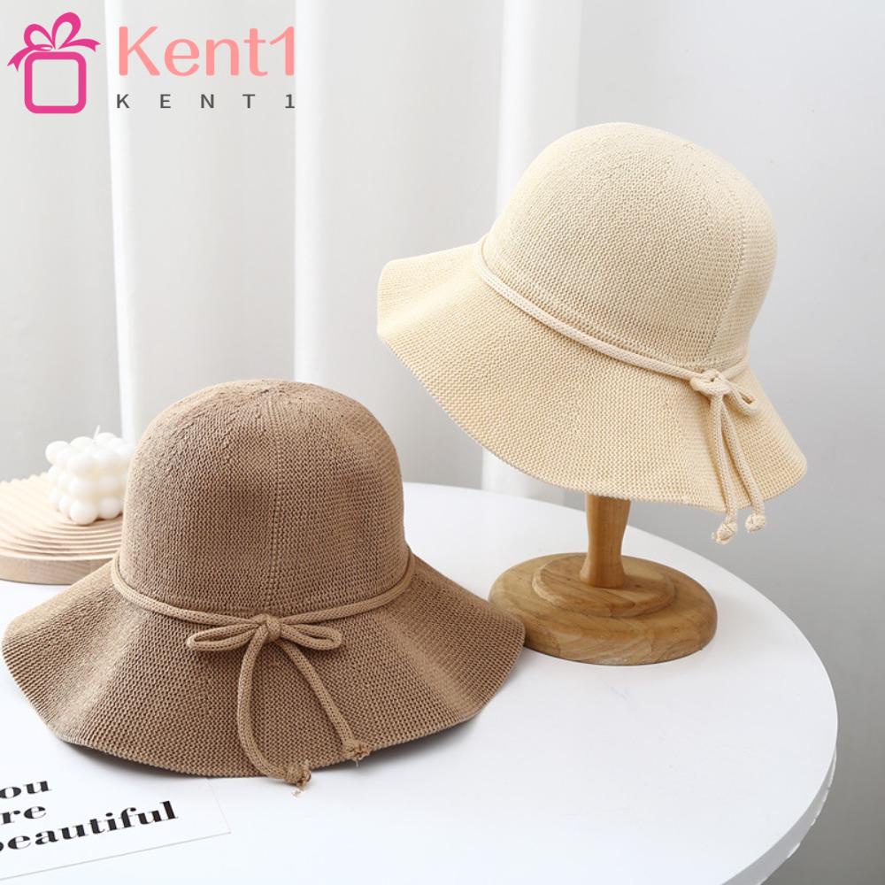 KENT1 Mũ Cói Rộng Vành Thoáng Khí Đính Nơ Phong Cách Hàn Quốc