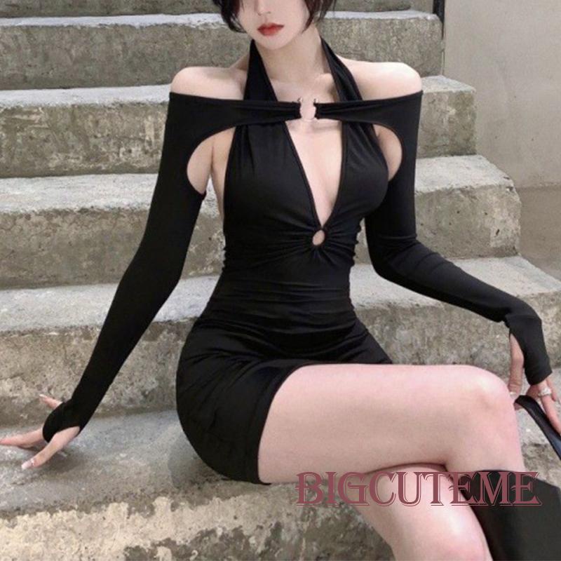 [] Đầm Ngắn - Đầm Ôm + Đầm Tay Dài Cổ Chữ V Hở Lưng Màu Trơn Buộc Dây Thời Trang Mùa Hè Cho Nữ