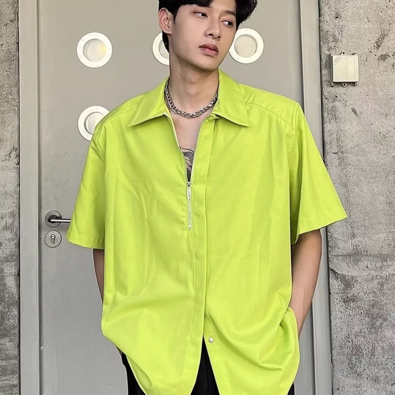Áo Sơ Mi Tay Ngắn Dáng Rộng Màu Trơn Có Khóa Kéo Phong Cách Hàn Quốc Thời Trang Mùa Hè Hàng Mới Dành Cho Bạn Nam