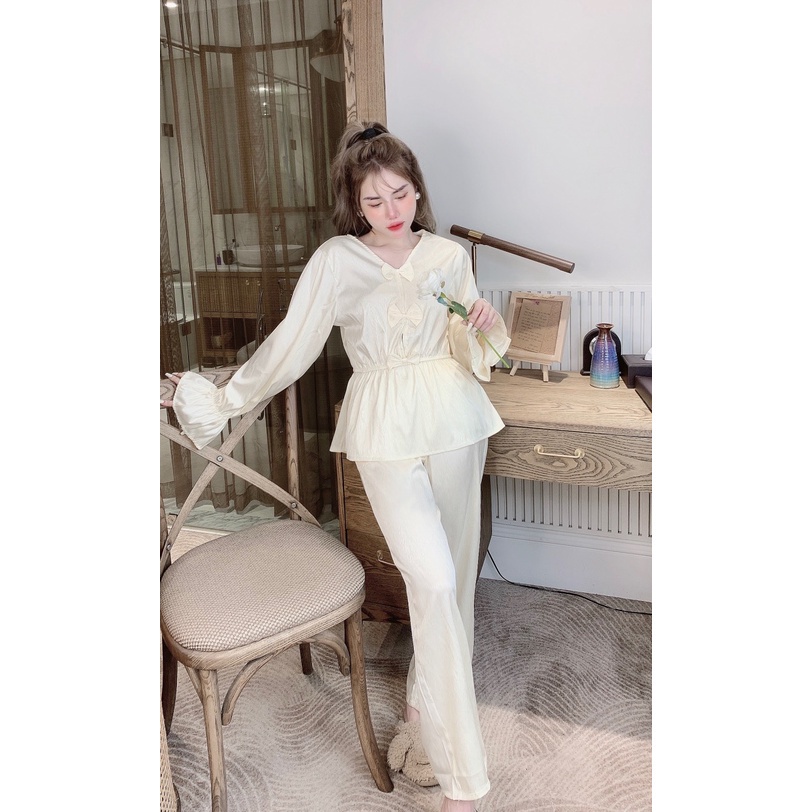 Đồ bộ tiểu thư nơ tay dài dáng peplum lụa xước Freesize