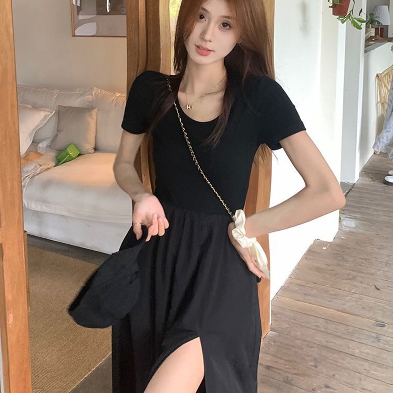Đầm Dài Đến Đầu Gối Ôm Eo Tay Ngắn Màu Đen Xẻ Tà Thời Trang Cho Nữ