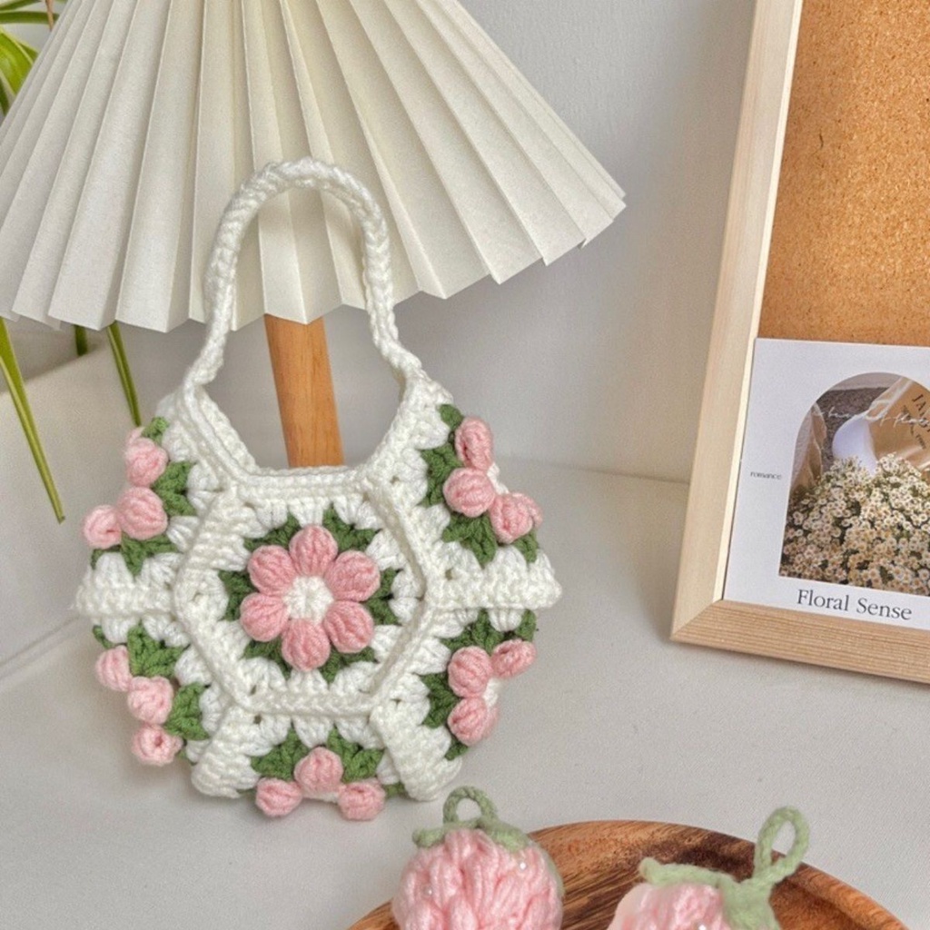 Xiaohongshu Túi Dệt Thủ Công Phối Màu Họa Tiết Hoa Anh Đào Phong Cách Năm Mới