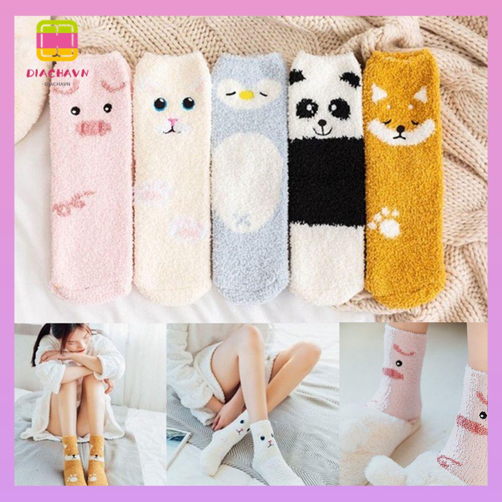 DIACHAVN Tất Nhung San Hô Dày Dặn Ấm Áp Kiểu Hoạt Hình Động Vật Đáng Yêu