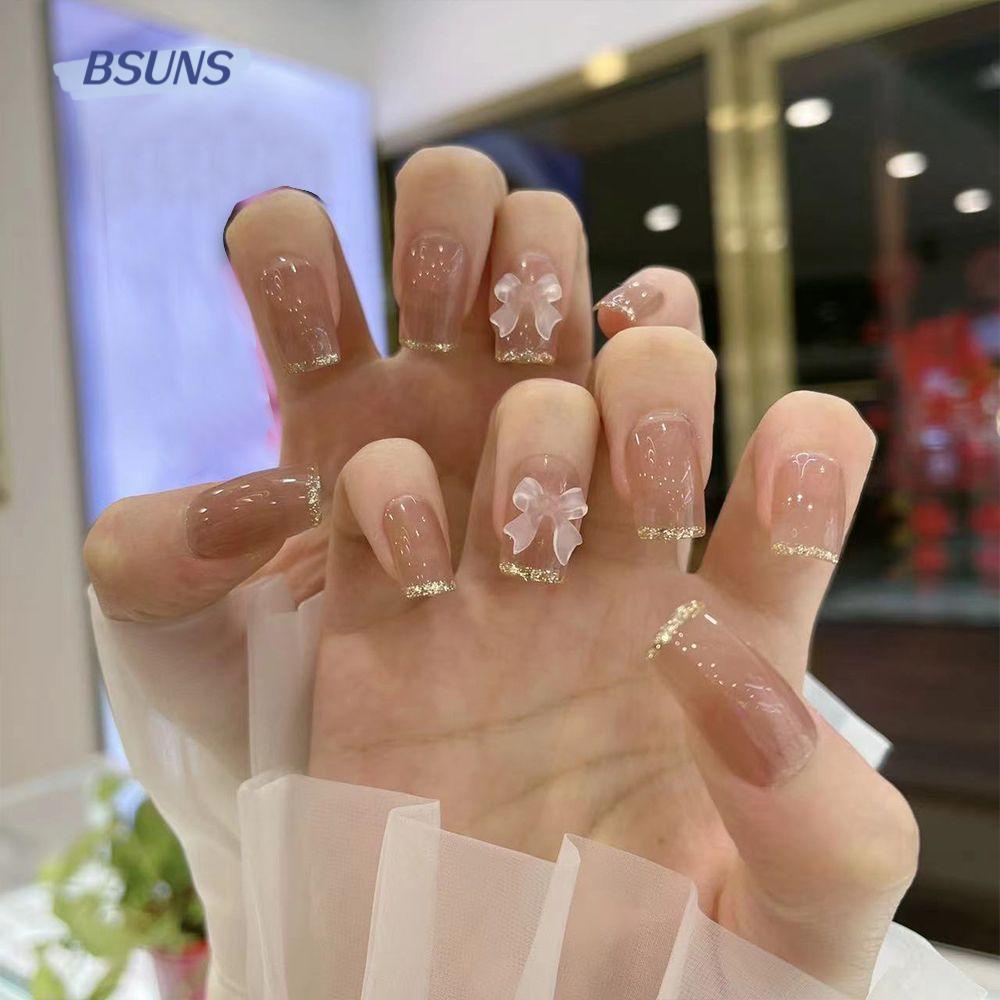 BSUNS Bộ 24 Móng Tay Giả Che Phủ Toàn Diện Đính Nơ Dài Xinh Xắn