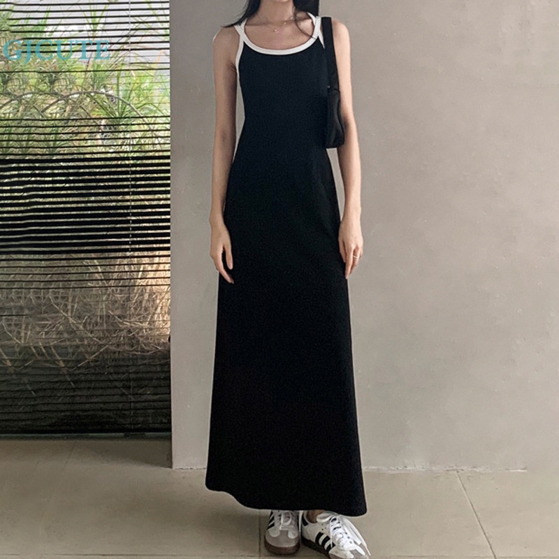 Đầm Dài Hai Dây Mỏng Màu Đen Hở Lưng Gợi Cảm Mùa Hè Cho Nữ