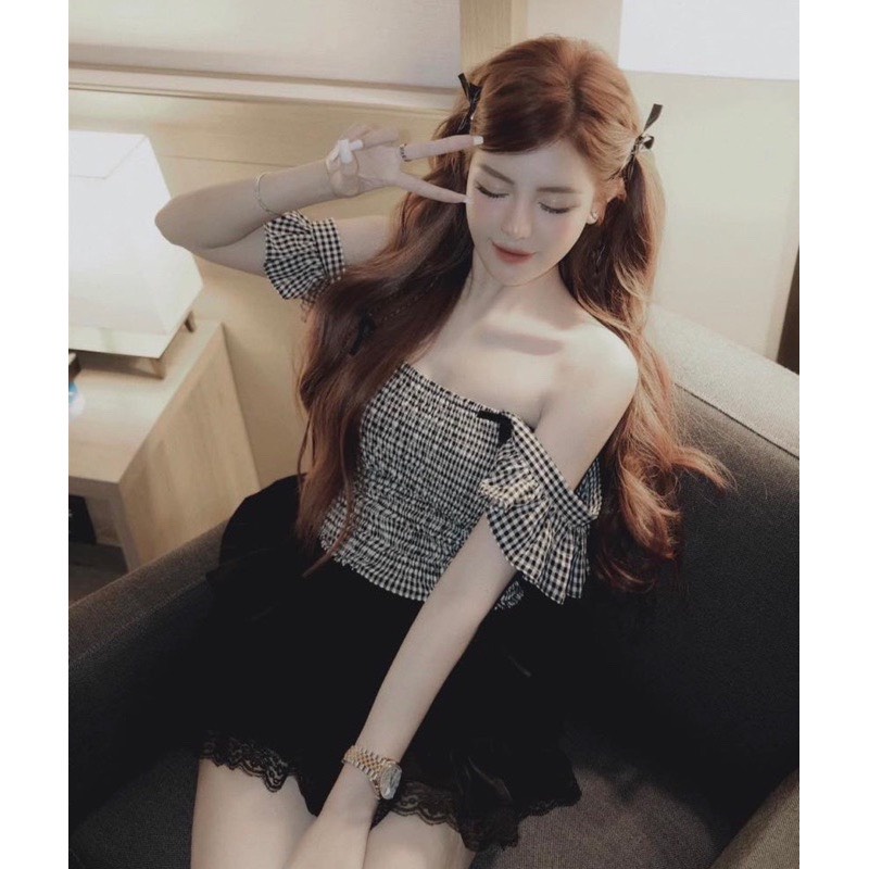 Sét bộ nữ áo dây cánh tiên và chân váy tầng có quần