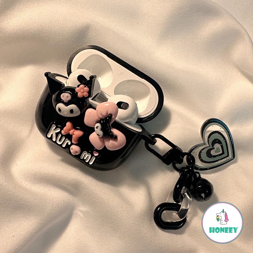 Vỏ Bảo Vệ Hộp Sạc Tai Nghe AirPods 1 2 3 Pro 2 Bằng Silicon Mềm Hình Kuromi Trái Tim 3D Màu Đen Dễ Thương