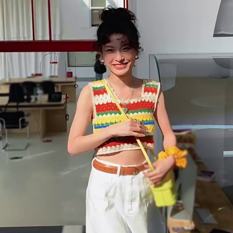 Áo Dệt Kim Hai Dây Cổ Vuông Họa Tiết Kẻ Sọc Cầu Vồng Phong Cách Cổ Điển Thời Trang Mùa Hè Xinh Xắn Cho Nữ