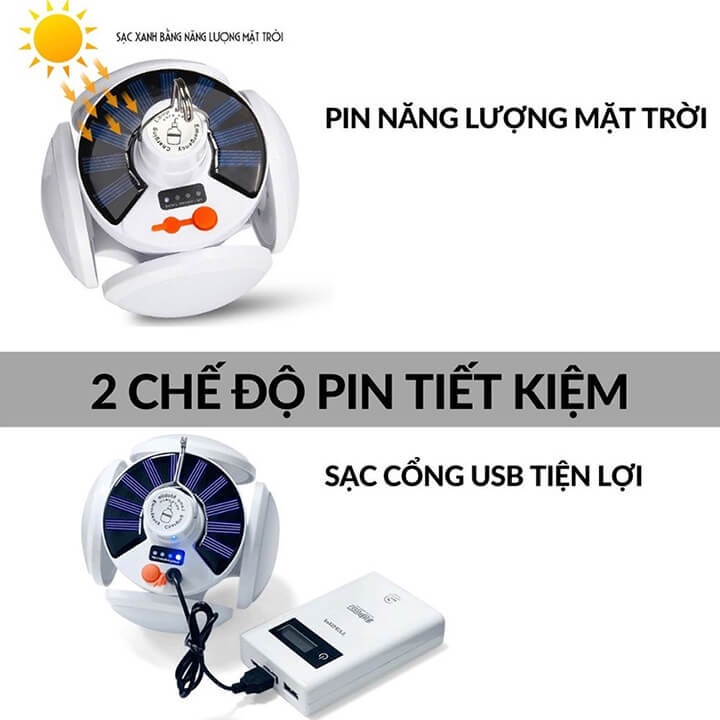Bóng đèn led tích điện 40W, năng lượng mặt trời hình 4 Cánh Hoa có thể đóng mở