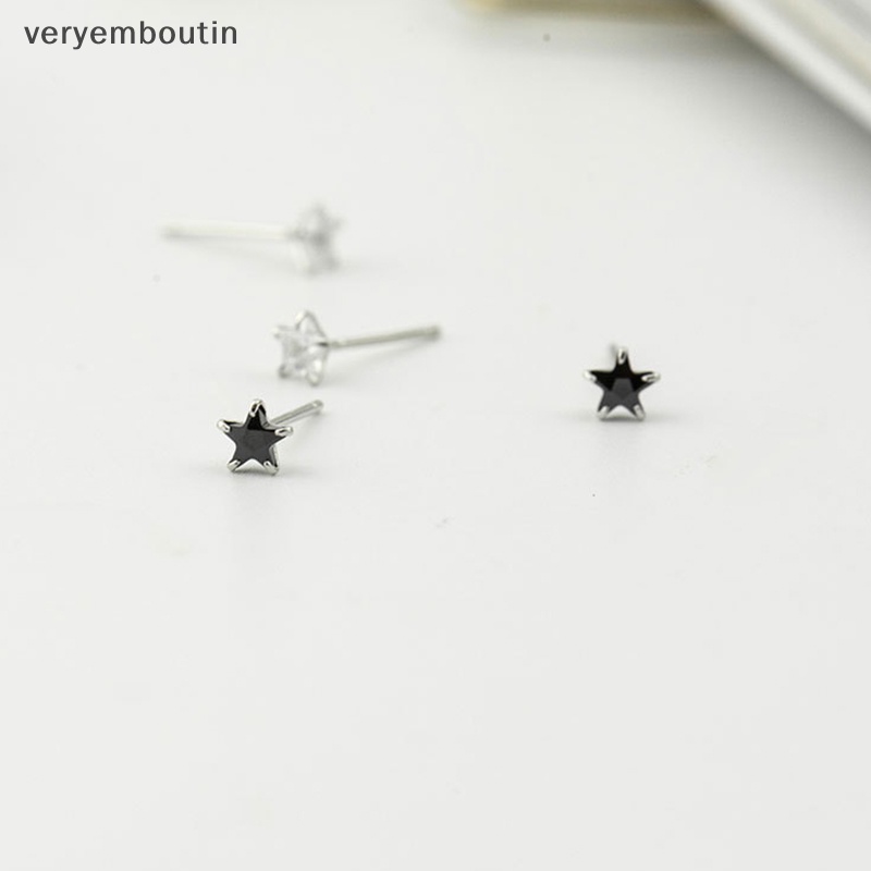 Bông Tai Mạ Bạc 925 Đính Đá Zircon Hình Ngôi Sao Nhỏ Màu Đen Thời Trang Cho Nữ