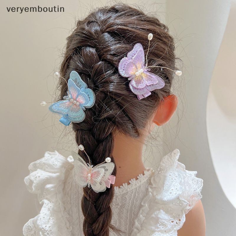 1 Cặp Kẹp Tóc Thêu Hình Bươm Bướm Đính Ngọc Trai Xinh Xắn Cho Bé Gái