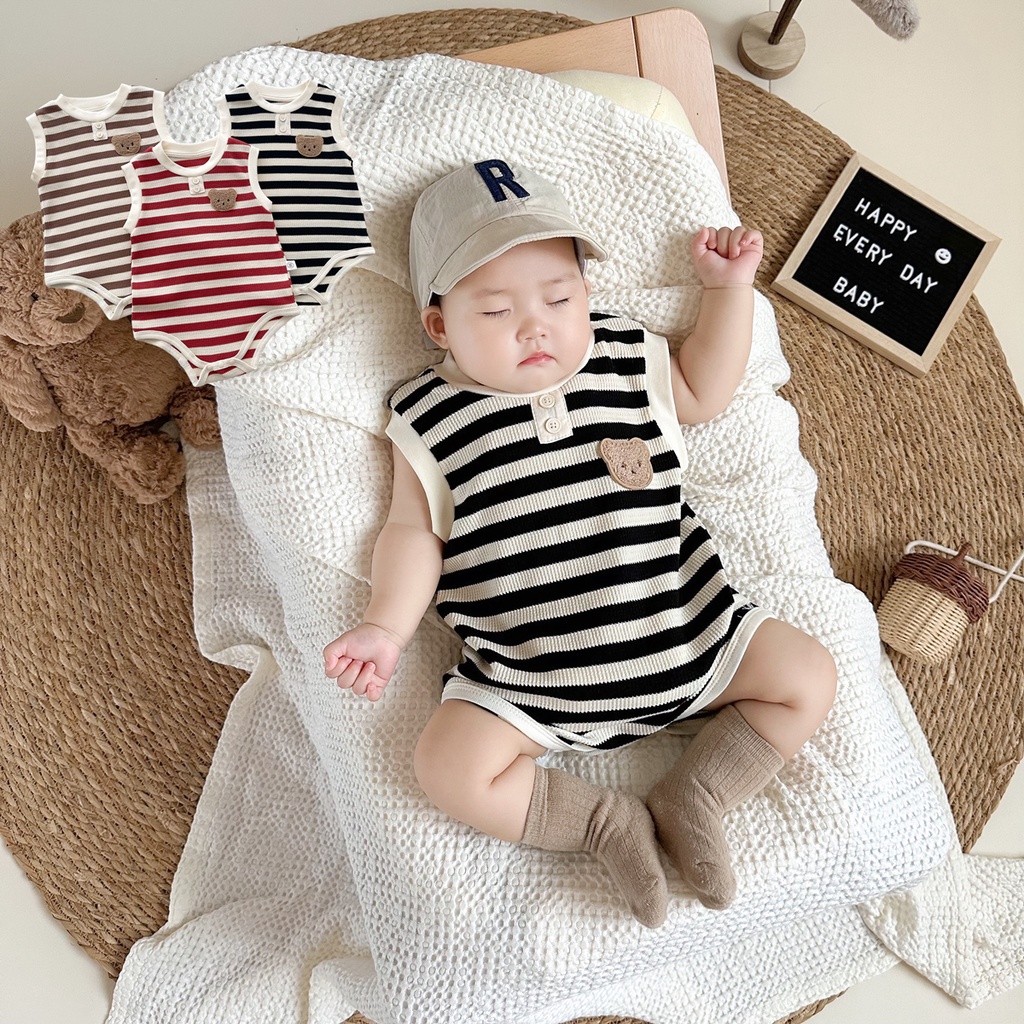 Áo Liền Quần Không Tay Chất Liệu Cotton Họa Tiết Kẻ Sọc Thời Trang Mùa Hè Cho Bé 0-2 Tuổi