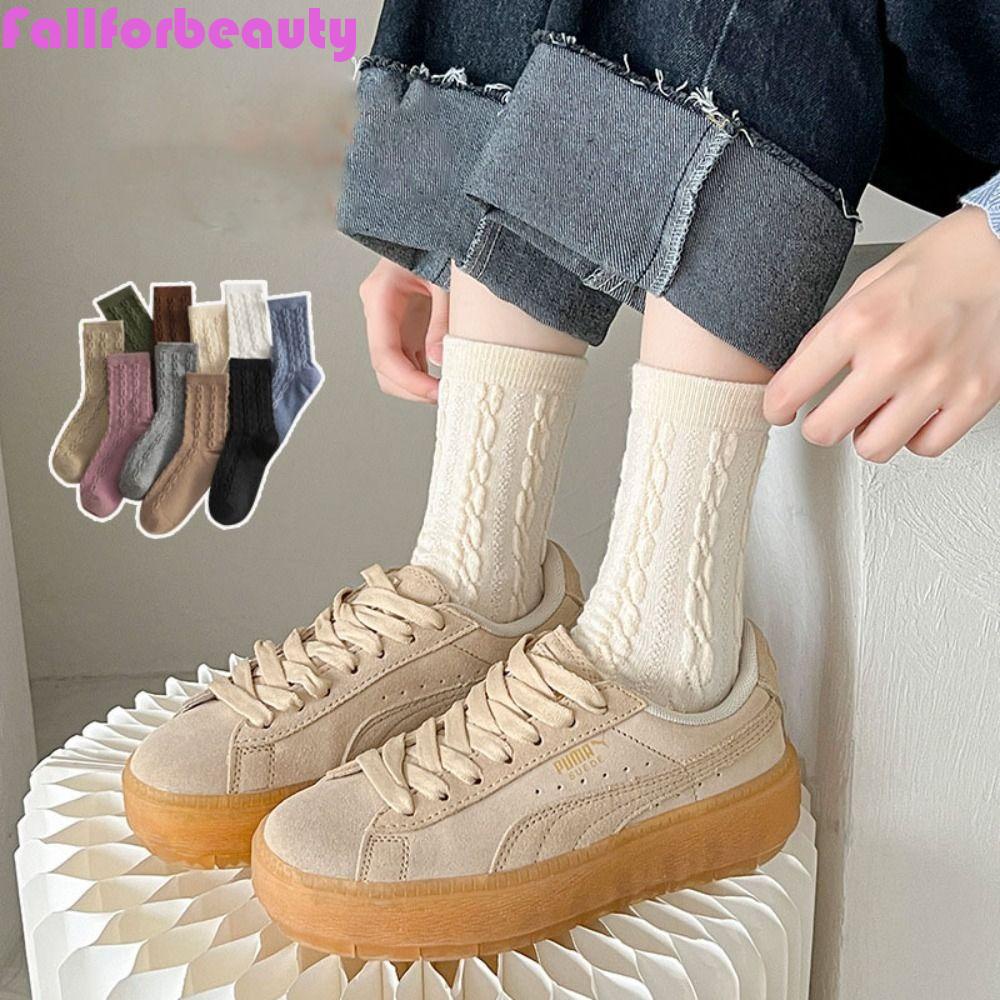 FALLFORBEAUTY Vớ Len Dày Cổ Trung Màu Sắc Trơn Giữ Ấm Mùa Thu Cho Nữ