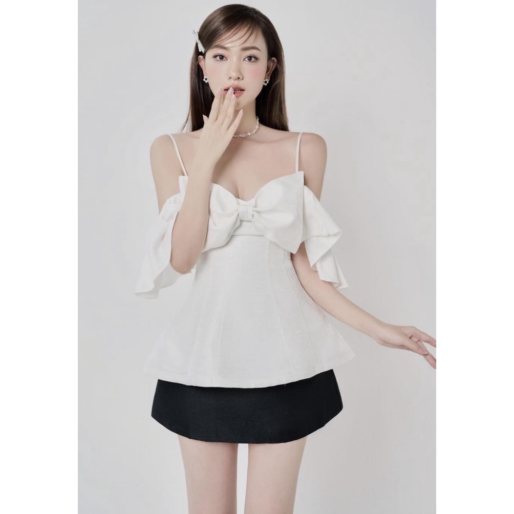 Áo peplum 2 dây nơ to tay rớt vải gân xượt siêu đẹp