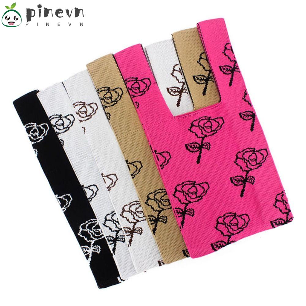 PINEVN Túi Mua Sắm Đeo Vai / Xách Tay Đan Len Họa Tiết Hoa Hồng Thắt Nút Có Thể Tá